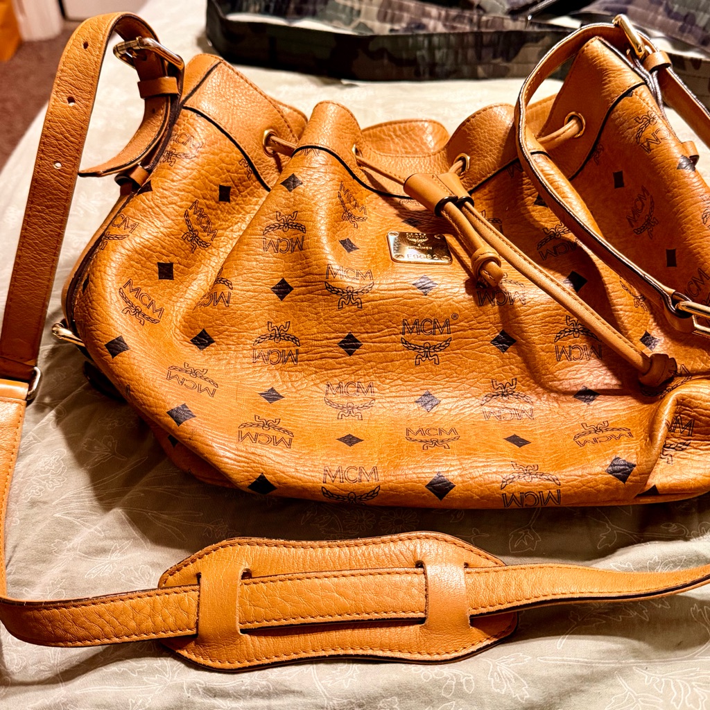 Mcm Cognac Visetos Drawstring Shoulder Hobo